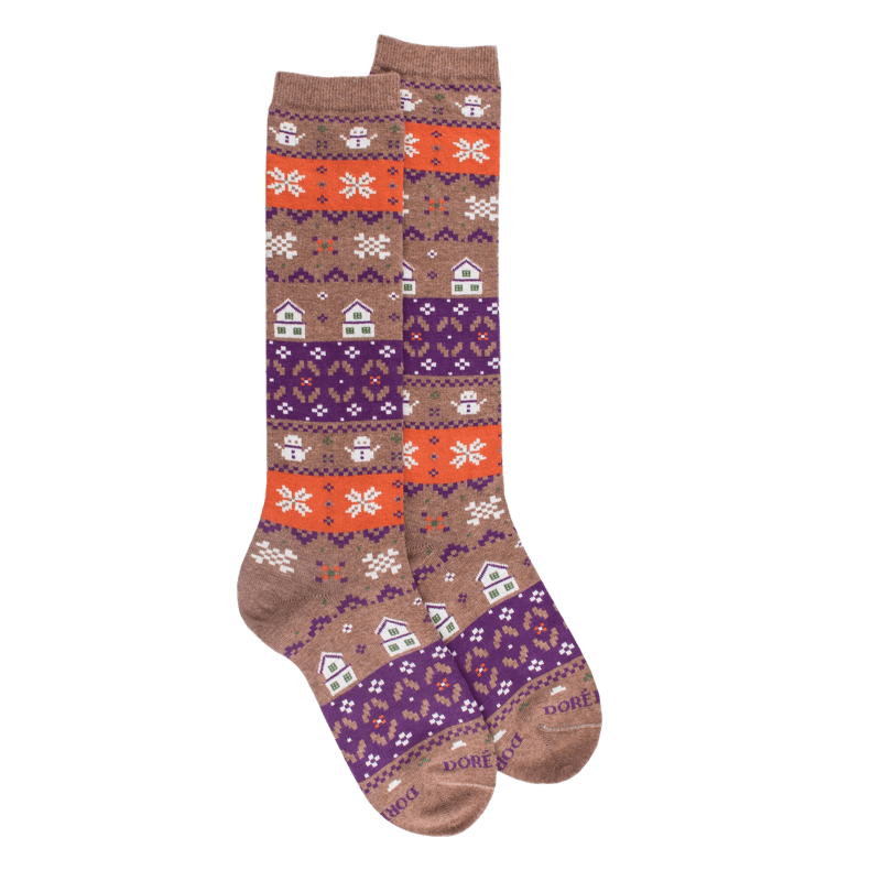Chaussettes longues en coton pour femmes avec motif grec de Noël - Marron Caille | Doré Doré