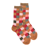 Chaussettes femme échiqiuer en coton égyptien - Camel & Beige baobab | Doré Doré