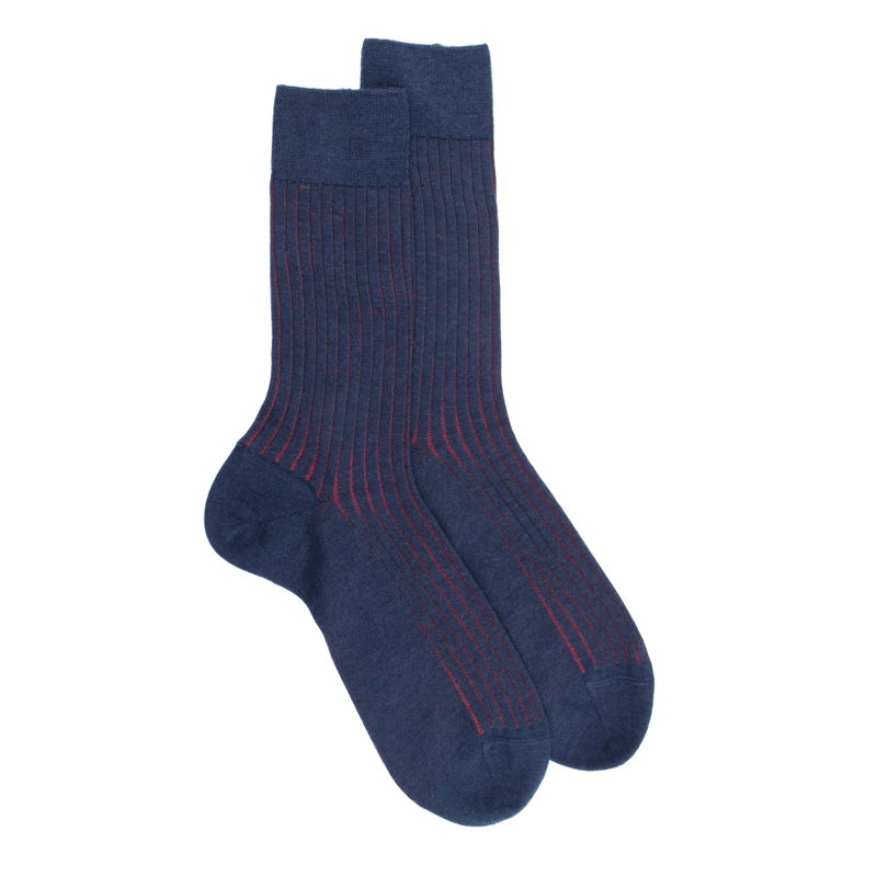 Chaussettes côtelé bicolores homme en laine et coton doux - Bleu Caban & Rouge brique | Doré Doré