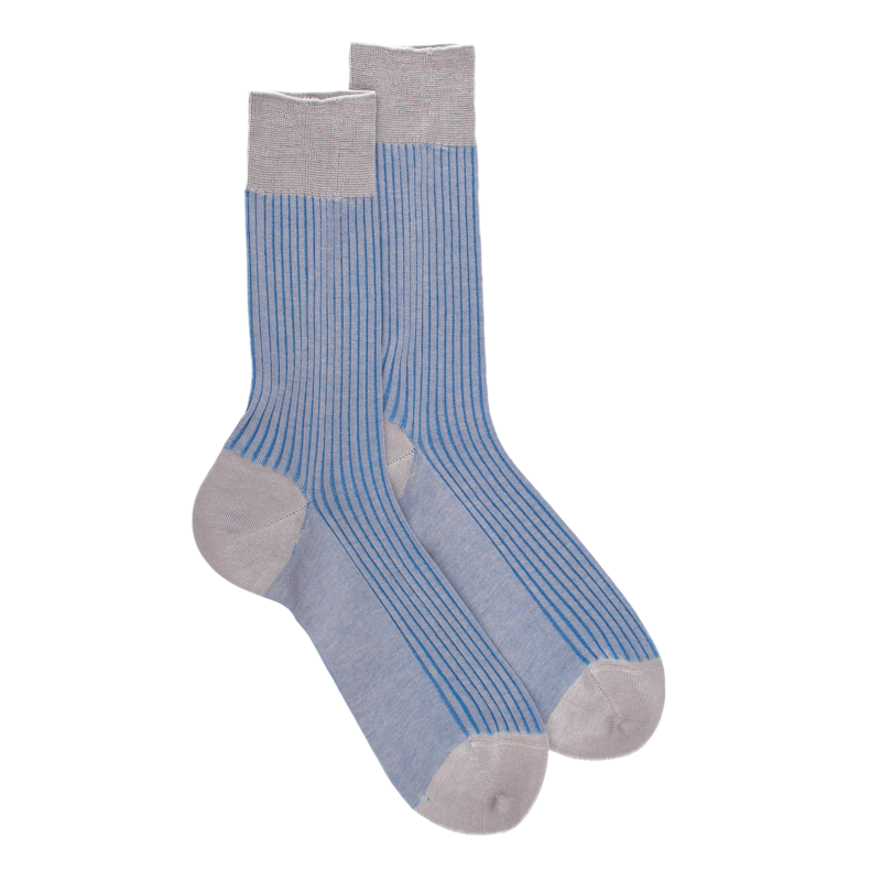 Chaussettes homme à côtes bicolores en fil d'Écosse - Gris Métal & Bleu Bassin | Doré Doré
