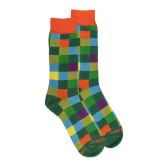 Chaussettes homme échiquier en coton - Vert & Orange | Doré Doré
