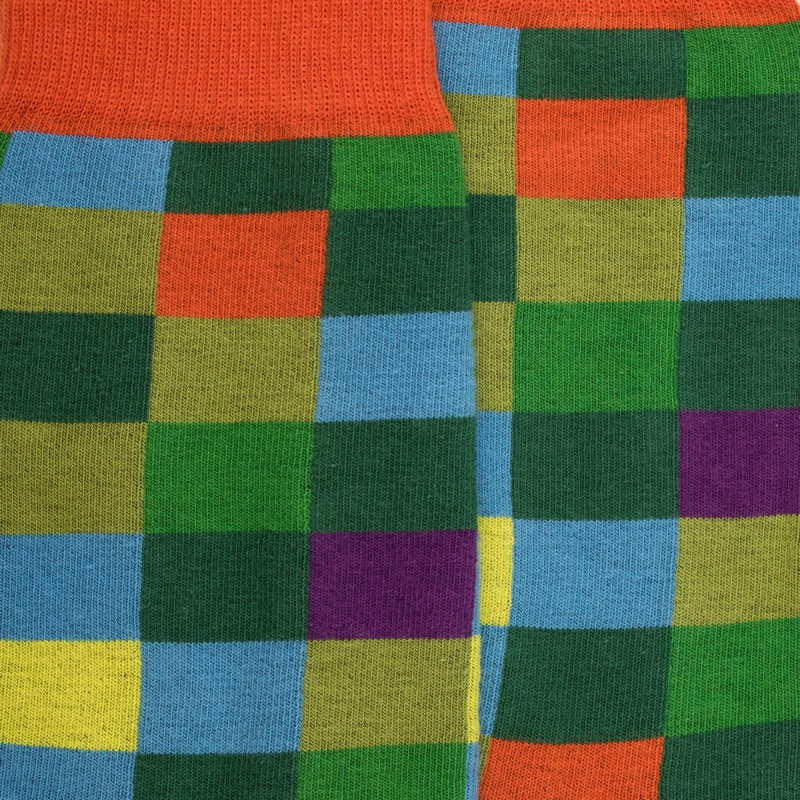 Chaussettes homme échiquier en coton - Vert & Orange | Doré Doré