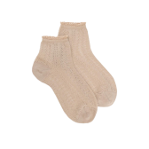 Socquettes femme ajourées en fil d'Écosse avec bord-côte contrasté effet brillant - Beige Grège | Doré Doré