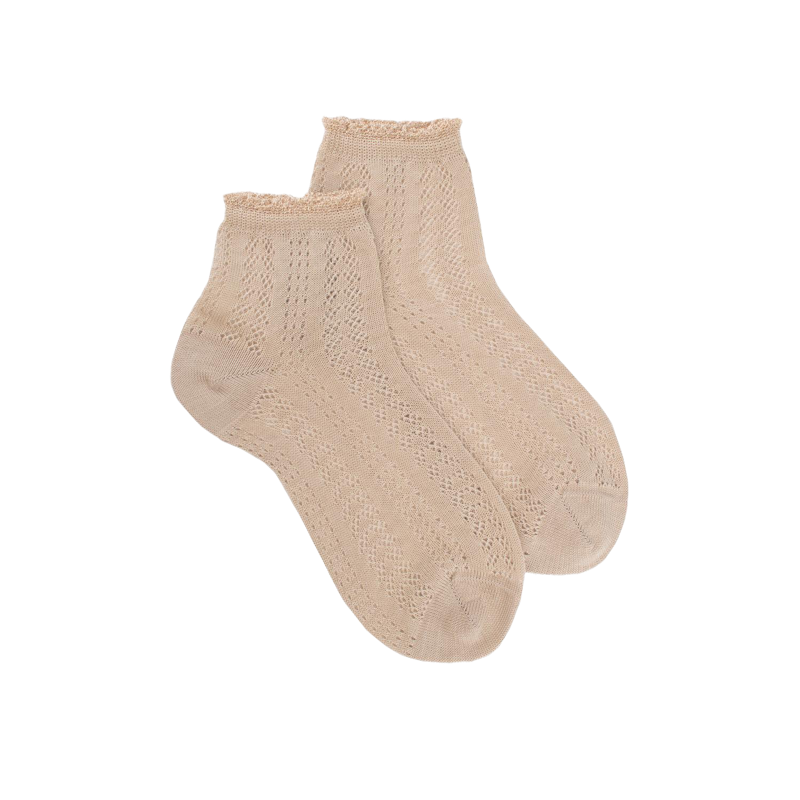 Socquettes femme ajourées en fil d'Écosse avec bord-côte contrasté effet brillant - Beige Grège | Doré Doré