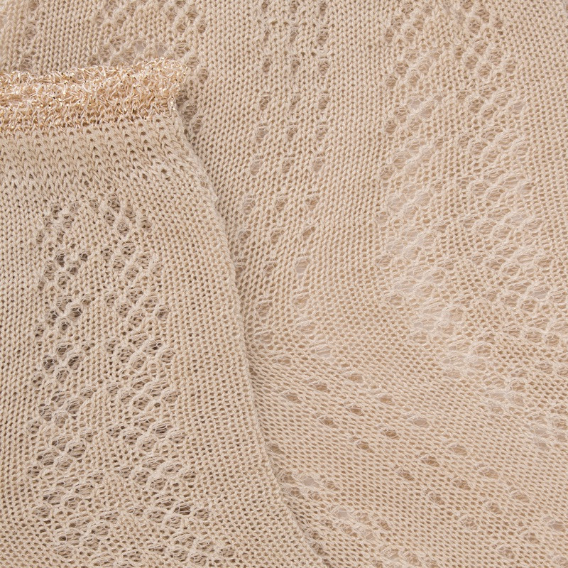 Socquettes femme ajourées en fil d'Écosse avec bord-côte contrasté effet brillant - Beige Grège | Doré Doré