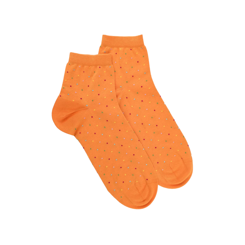 Socquettes femme en fil d'Écosse à pois multicolores - Orange agrume | Doré Doré