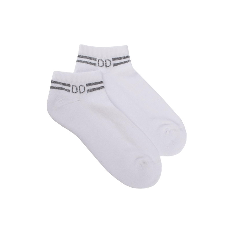 Chaussons en coton éponge uni pour femmes, avec rayures et logo brillant - Blanc | Doré Doré
