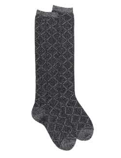 Chaussettes longues pour femmes en coton égyptien et cachemire avec effet brillant à motifs de diamants - Noir | Doré Doré