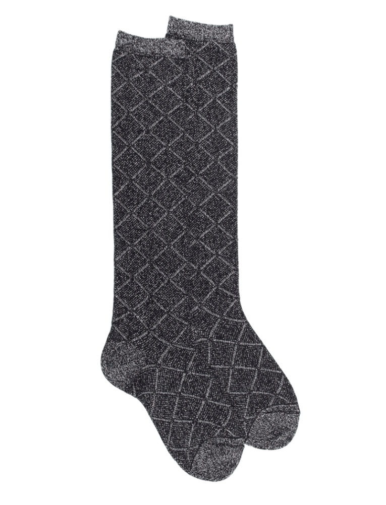 Chaussettes longues pour femmes en coton égyptien et cachemire avec effet brillant à motifs de diamants - Noir | Doré Doré