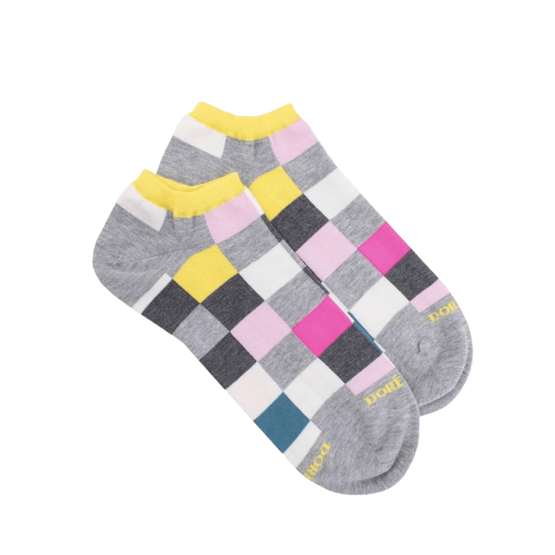 Socquettes femme échiqiuer en coton égyptien - Gris et jaune | Doré Doré
