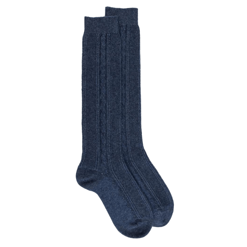 Mi-bas torsadés pour femme en laine et cachemire - Bleu | Doré Doré