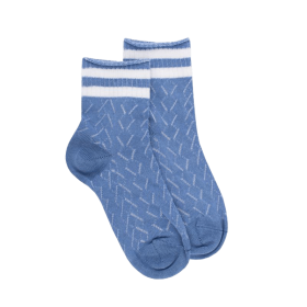 Socquettes enfant ajourées en fil d'Écosse avec rayures en contrasté sur bord-côte  - Bleu Bassin & Blanc | Doré Doré