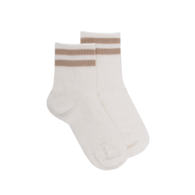 Socquettes enfant ajourées en fil d'Écosse avec rayures en contrasté sur bord-côte  - Blanc Givre & Beige sable | Doré Doré