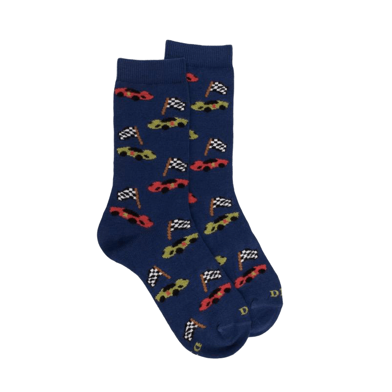 Chaussettes enfant en coton à motifs voitures de course - Bleu Voilier | Doré Doré