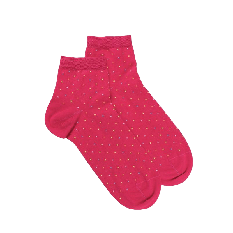 Socquettes femme en fil d'Écosse à pois multicolores - Rouge Cerise | Doré Doré