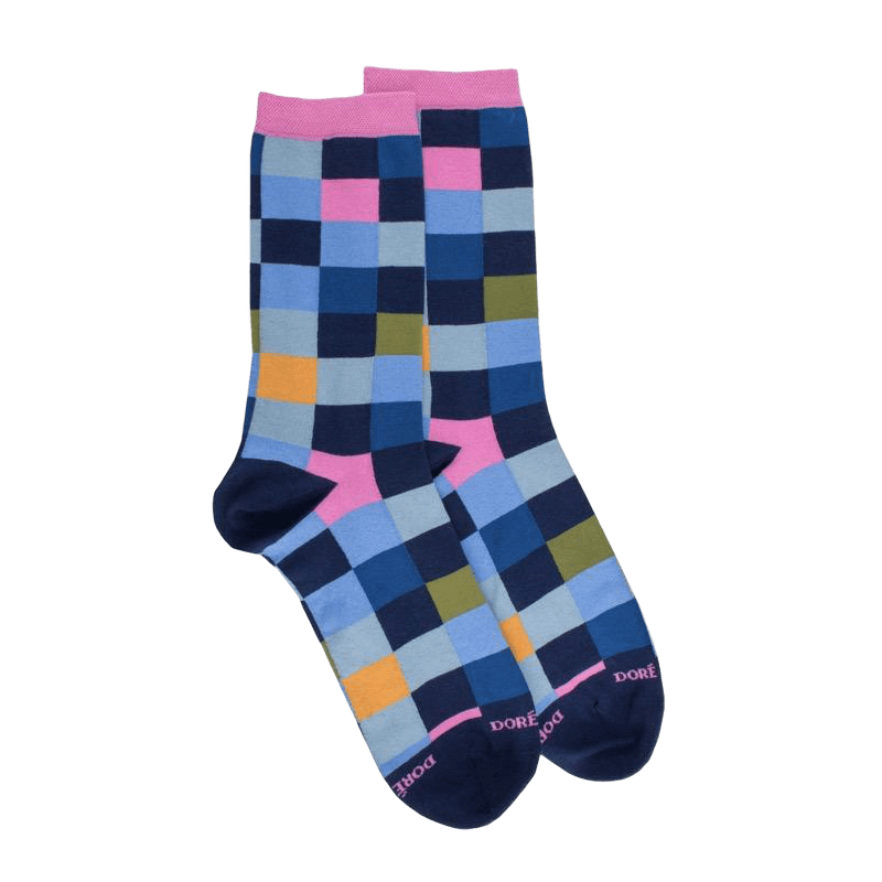 Chaussette femme à carreaux en coton - Bleu Voilier & Gris connemara | Doré Doré