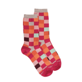 Chaussette femme à carreaux en coton - Rouge Cerise & Rose Praline | Doré Doré