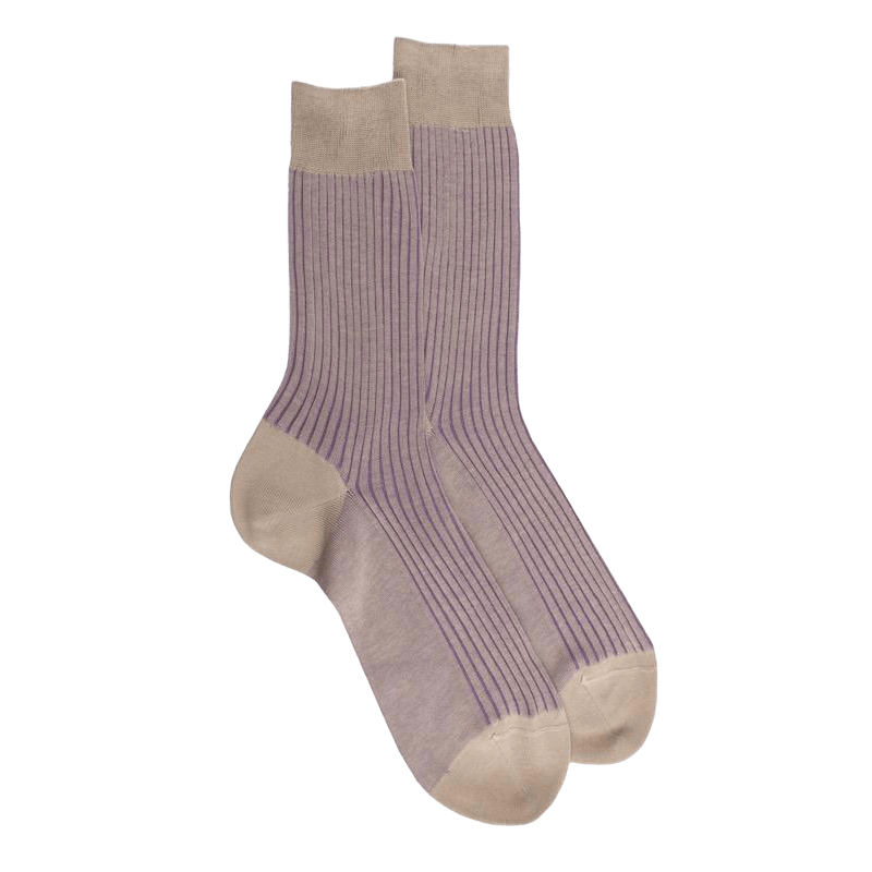 Chaussettes homme à côtes bicolores en fil d'Écosse - Beige Grège & Violet Myrtille | Doré Doré