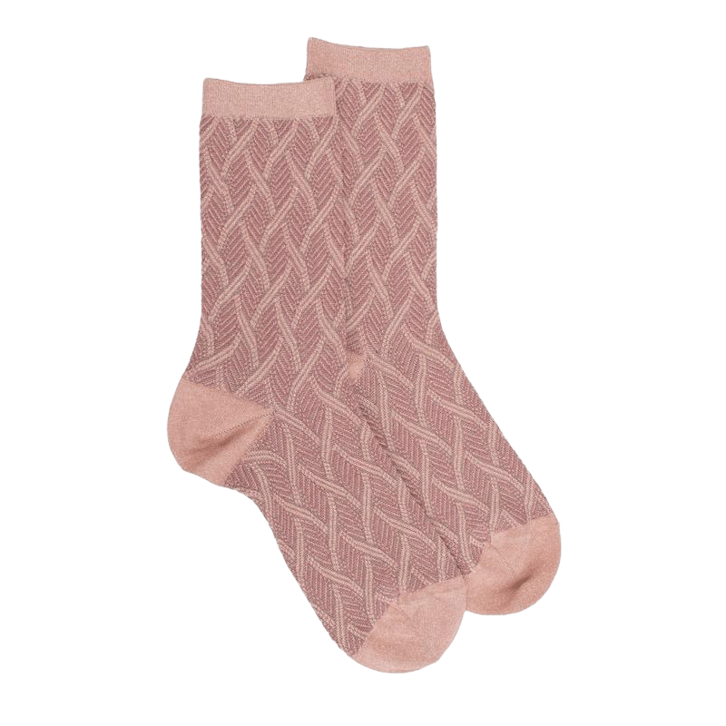 Chaussettes femme en coton et laine à motif entrelacés effet brillant - Rose Praline | Doré Doré