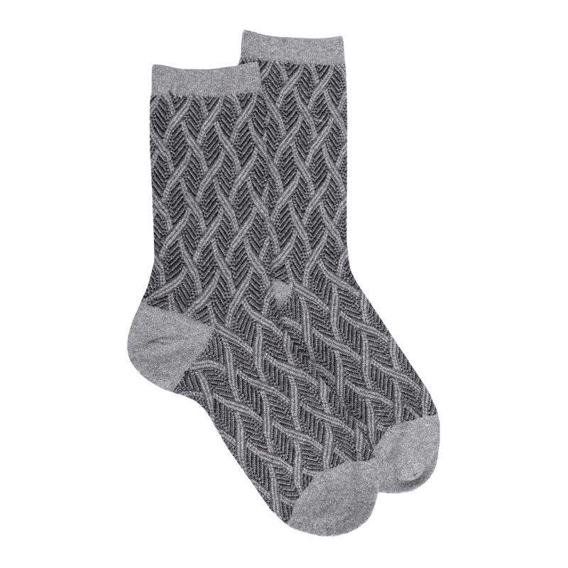 Chaussettes femme en coton et laine à motif entrelacés effet brillant - Gris oxford | Doré Doré