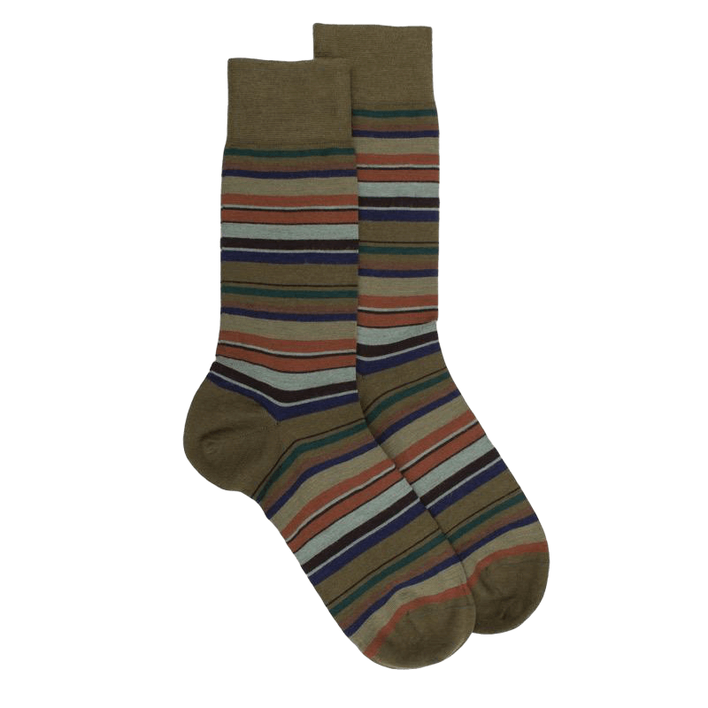 Chaussettes rayures fines multicolores en laine mérinos - Vert lichen & gris-vert fer | Doré Doré