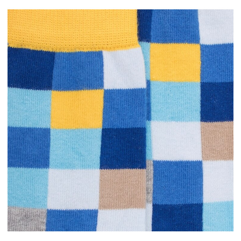 Chaussettes enfant échiquier en coton - Bleu Bassin & Jaune Papaye | Doré Doré