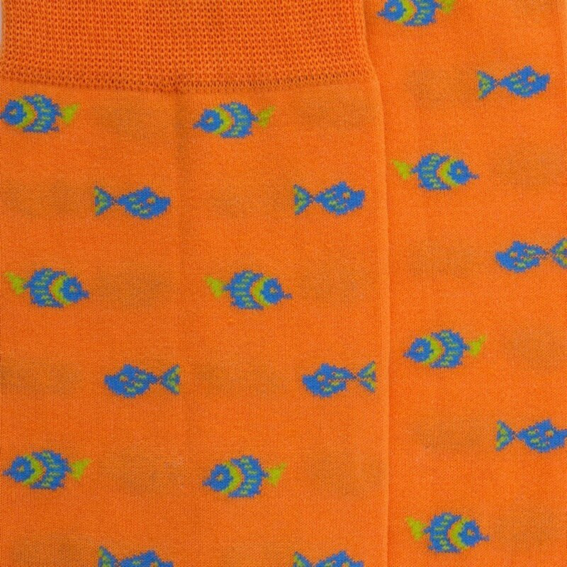 Chaussettes fantaisie homme en fil d'écosse motif poissons - Orange | Doré Doré