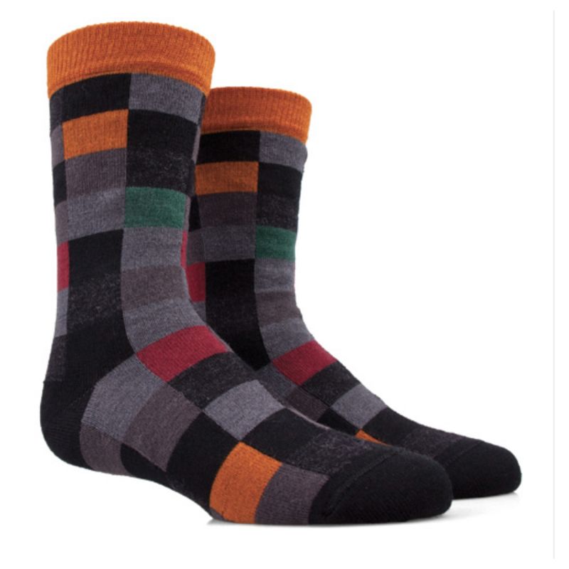 Chaussettes enfant fantaisie en laine mérinos- Damier sur fond noir | Doré Doré